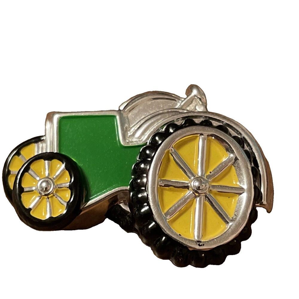 Vintage Signed Best Green Tractor Silver Tone Brooch Pin